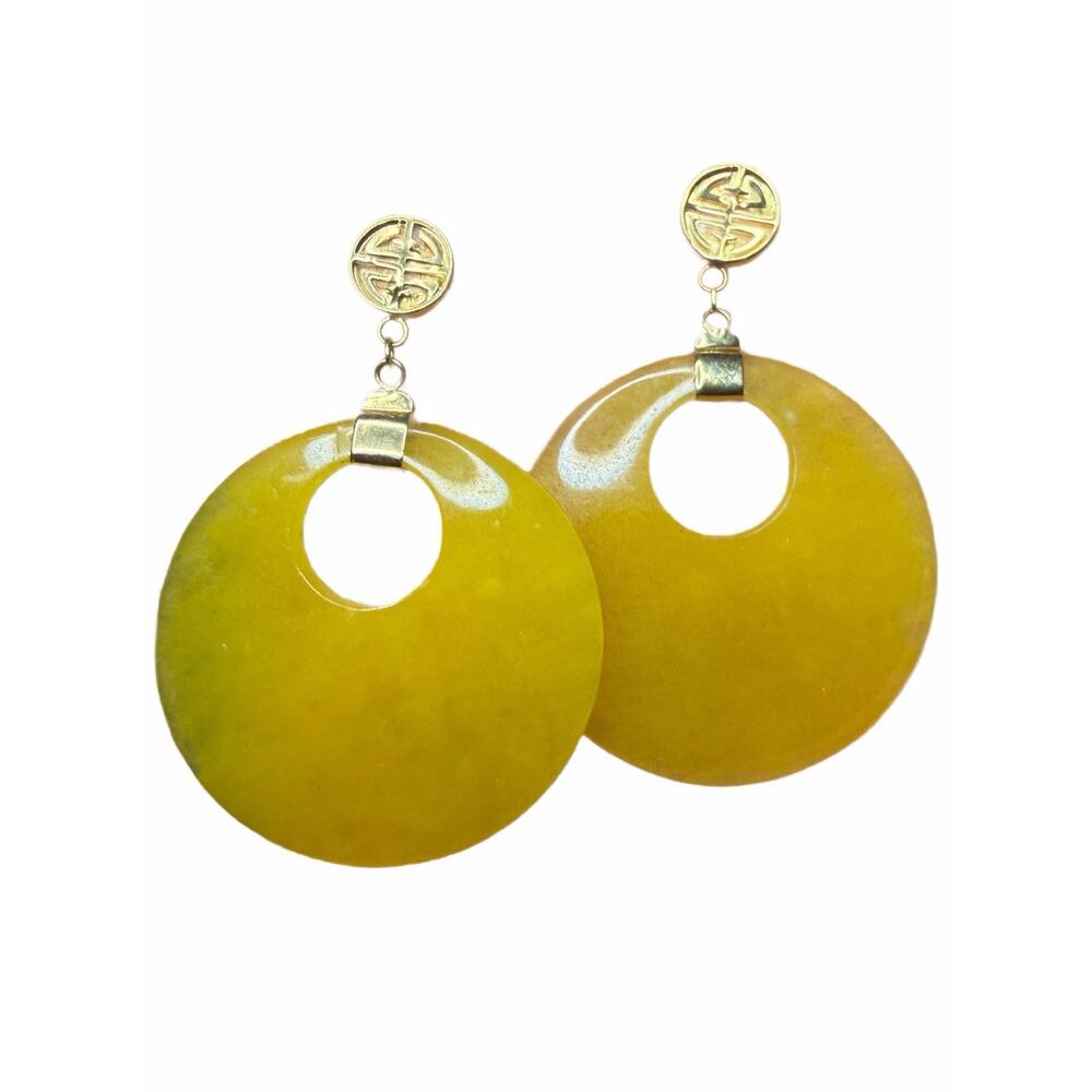 Yellow Donut Shape Jadeite 14kt Yellow Gold Post Signed China CN Earrings